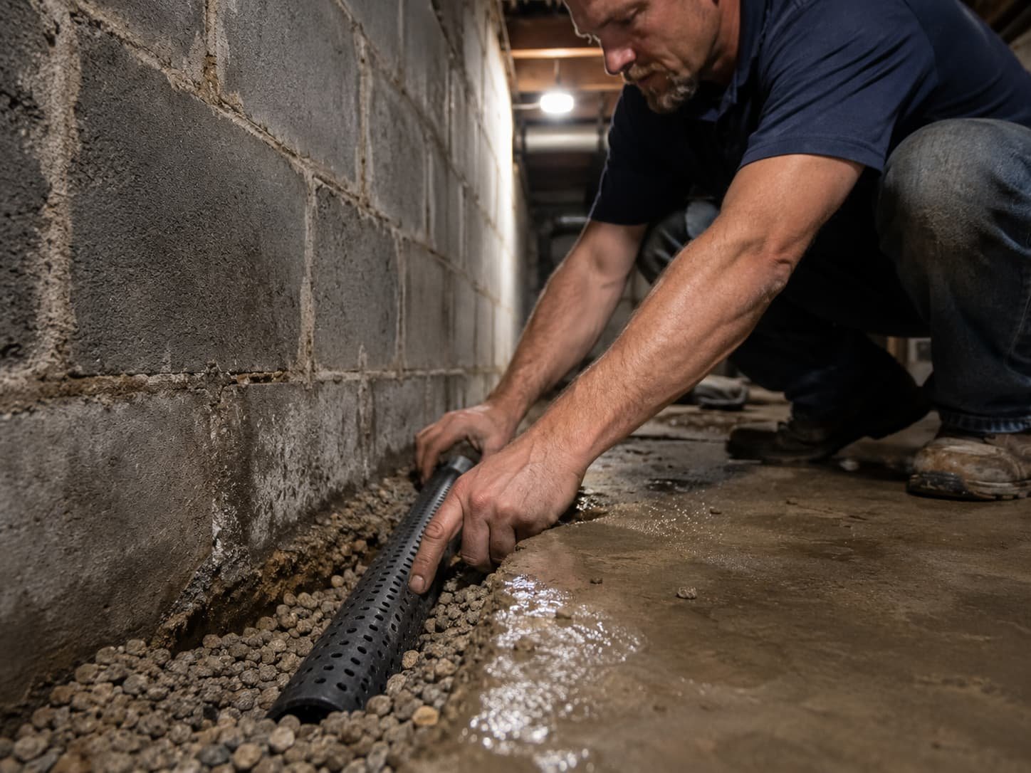 Basement waterproofing drain tile installation in Oklahoma City