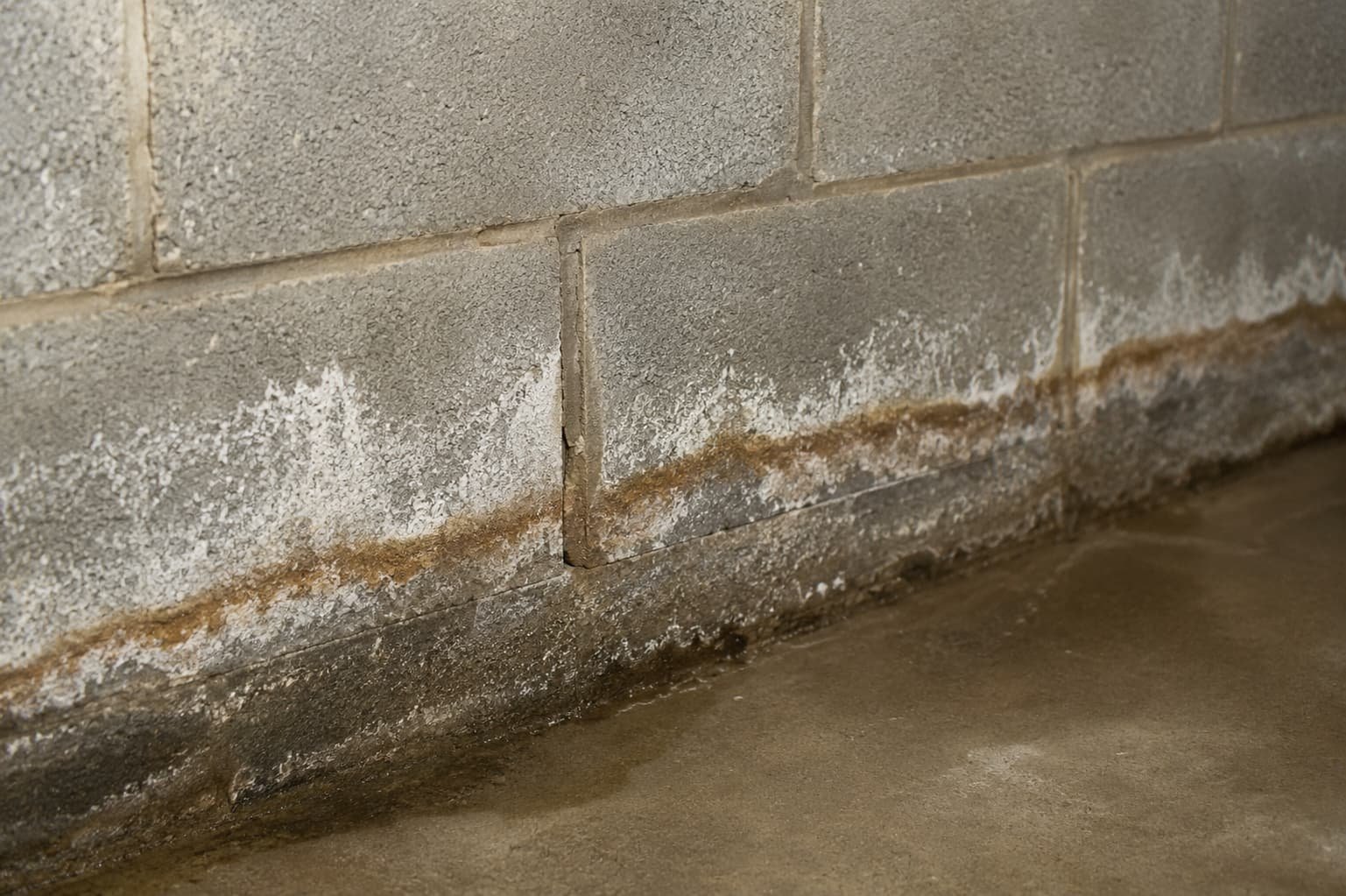 Wet basement signs efflorescence on a concrete block wall