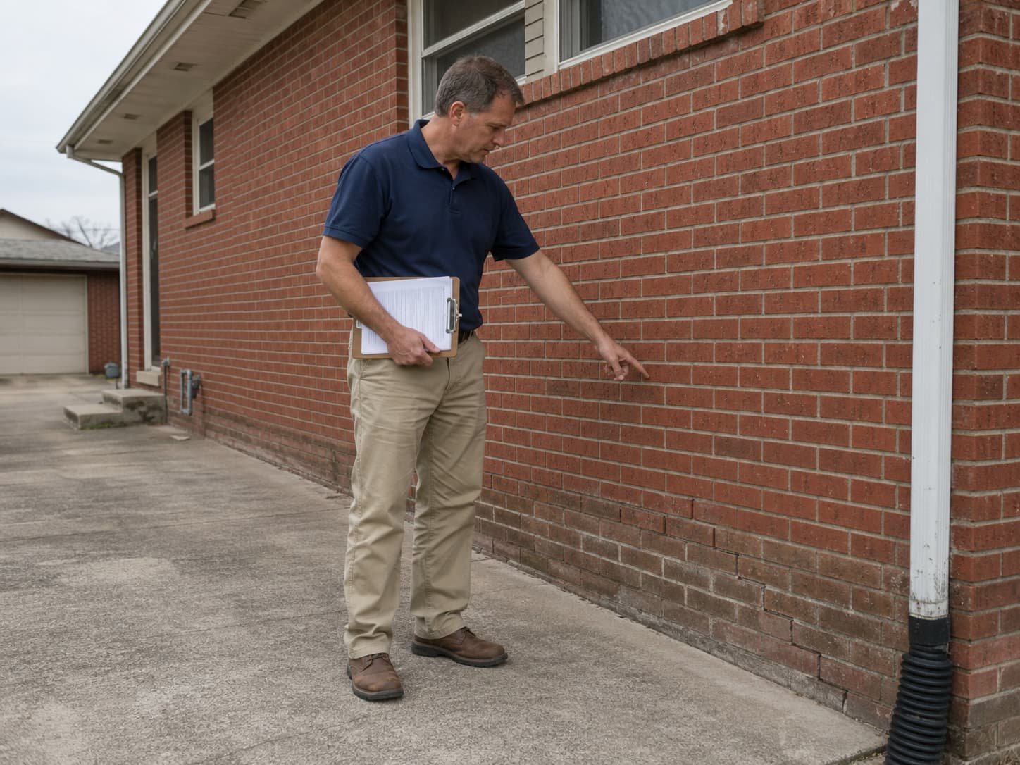 Foundation repair specialist inspecting a brick home in Oklahoma City, OK